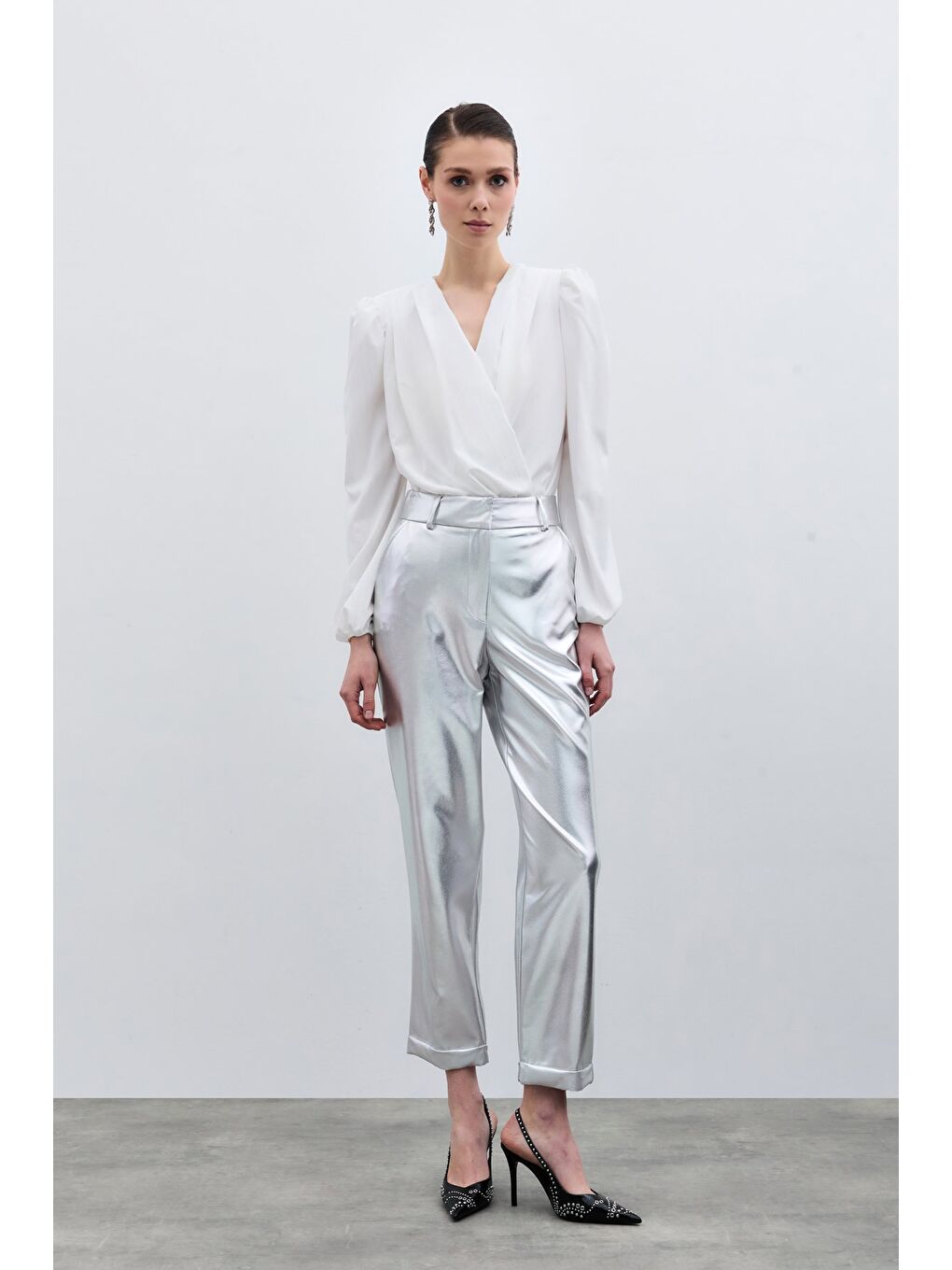 Gri Yüksek Bel Parlak Pantolon - Gümüş-2