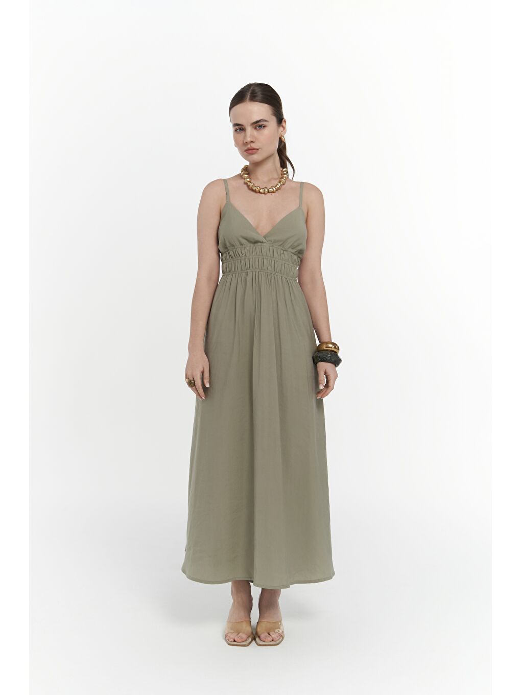 Alessia Büzgü Detay Askılı Uzun Soft Haki Elbise-2
