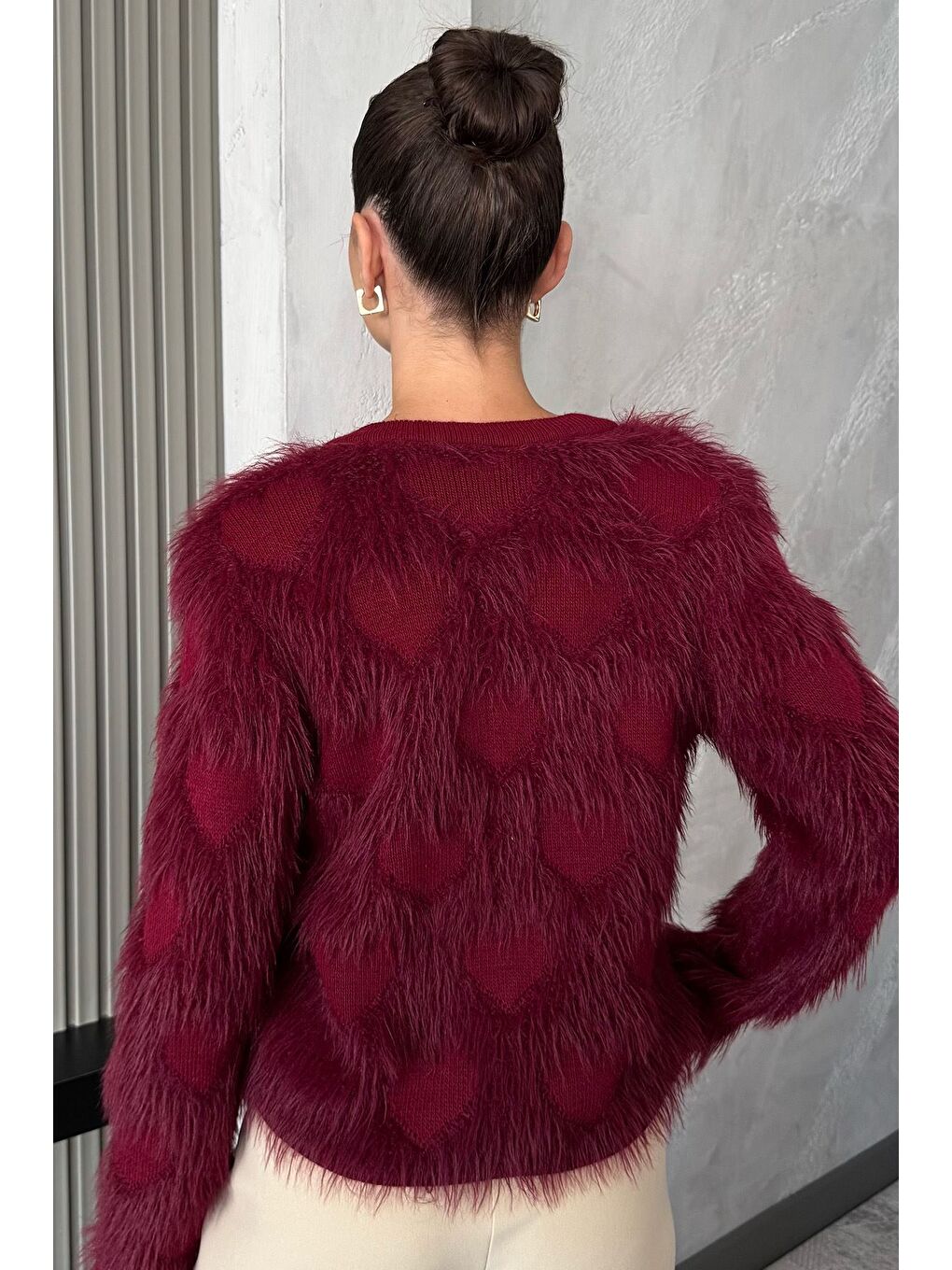 Bordo Kadın Ön Düğmeli Sakallı Triko Ceket (s-m-l Uyumludur)-3