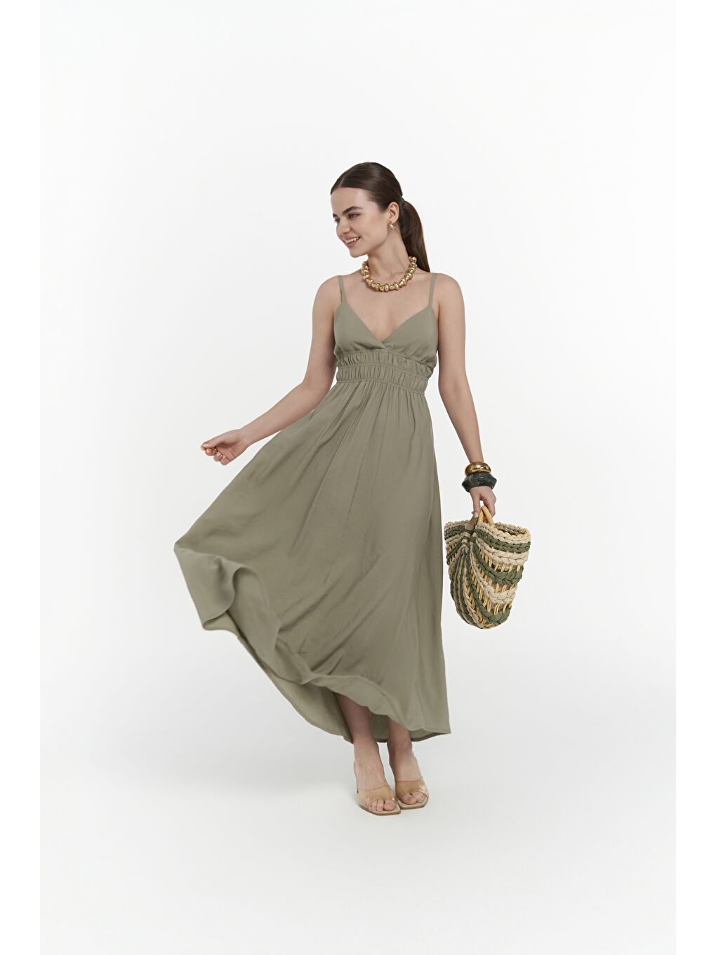 Alessia Büzgü Detay Askılı Uzun Soft Haki Elbise-3