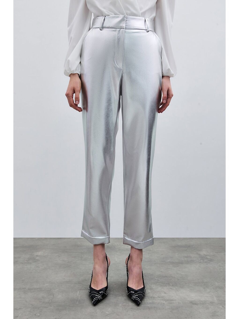 Gri Yüksek Bel Parlak Pantolon - Gümüş-5