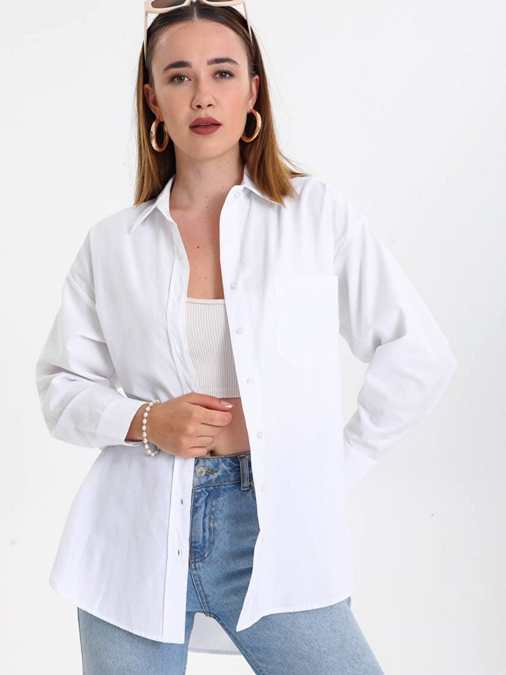 Beyaz Oversize Arkası Uzun Önü Kısa Poplin Gömlek-2