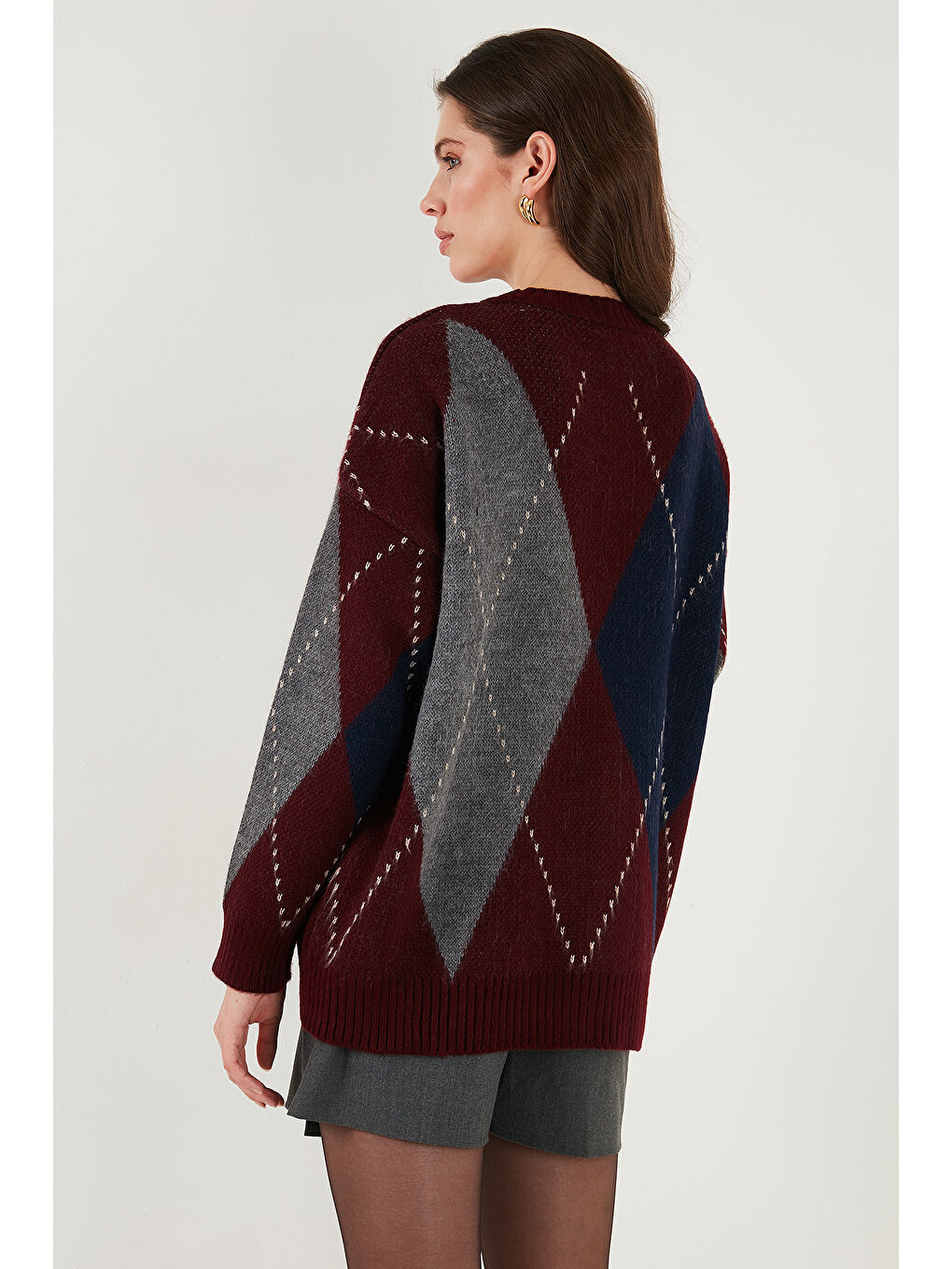 Bordo Oversize Fit Bisiklet Yaka Baklava Desenli Kazak 4615578-6