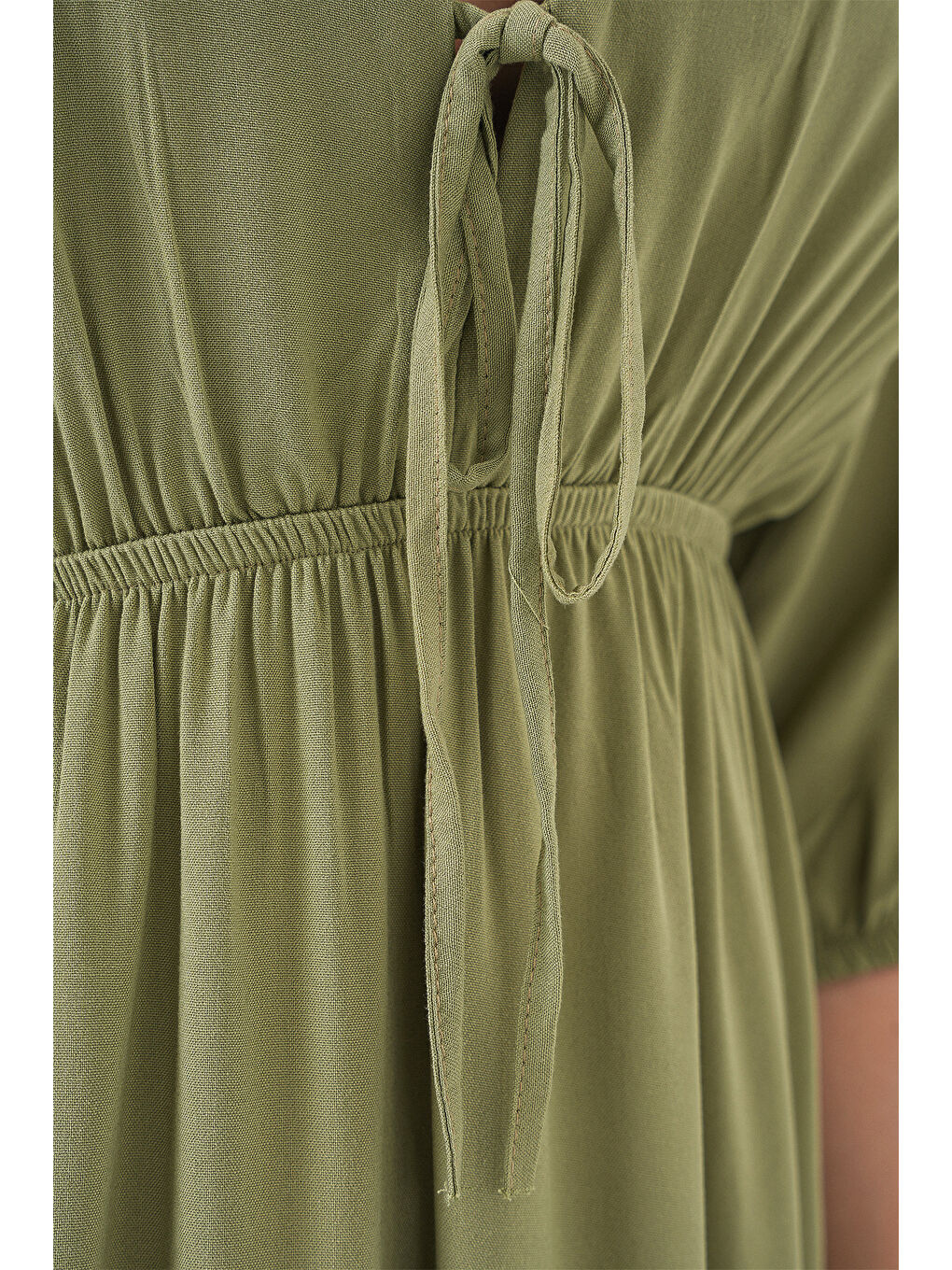 Yeşil 2570 Kadın Beli Büzgülü V Yaka Elbise - Çağla-4