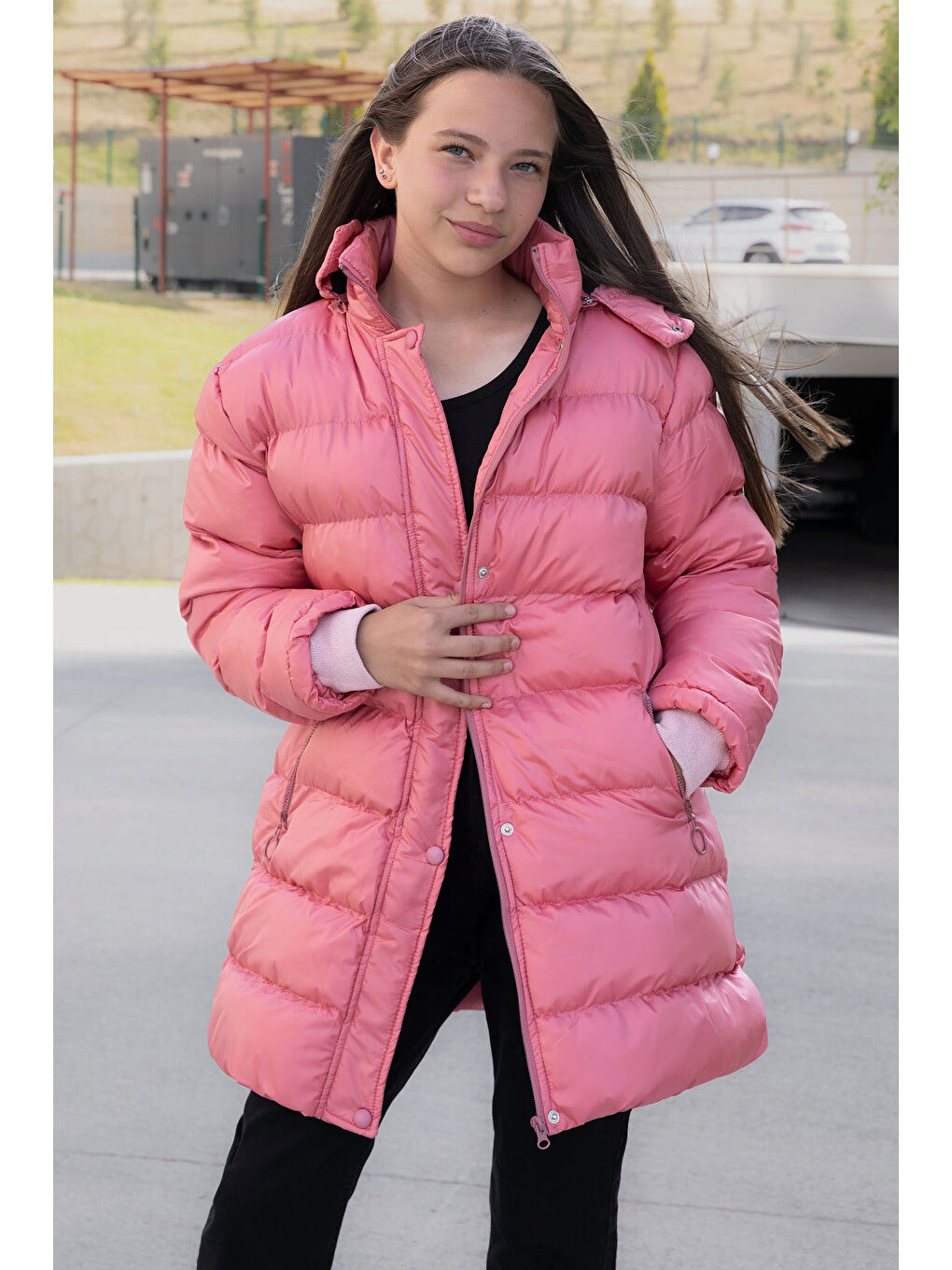 Pembe İçi Kürklü Çıtçıtlı Kapüşonlu Kız Çocuk Şişme Mont 21319-4