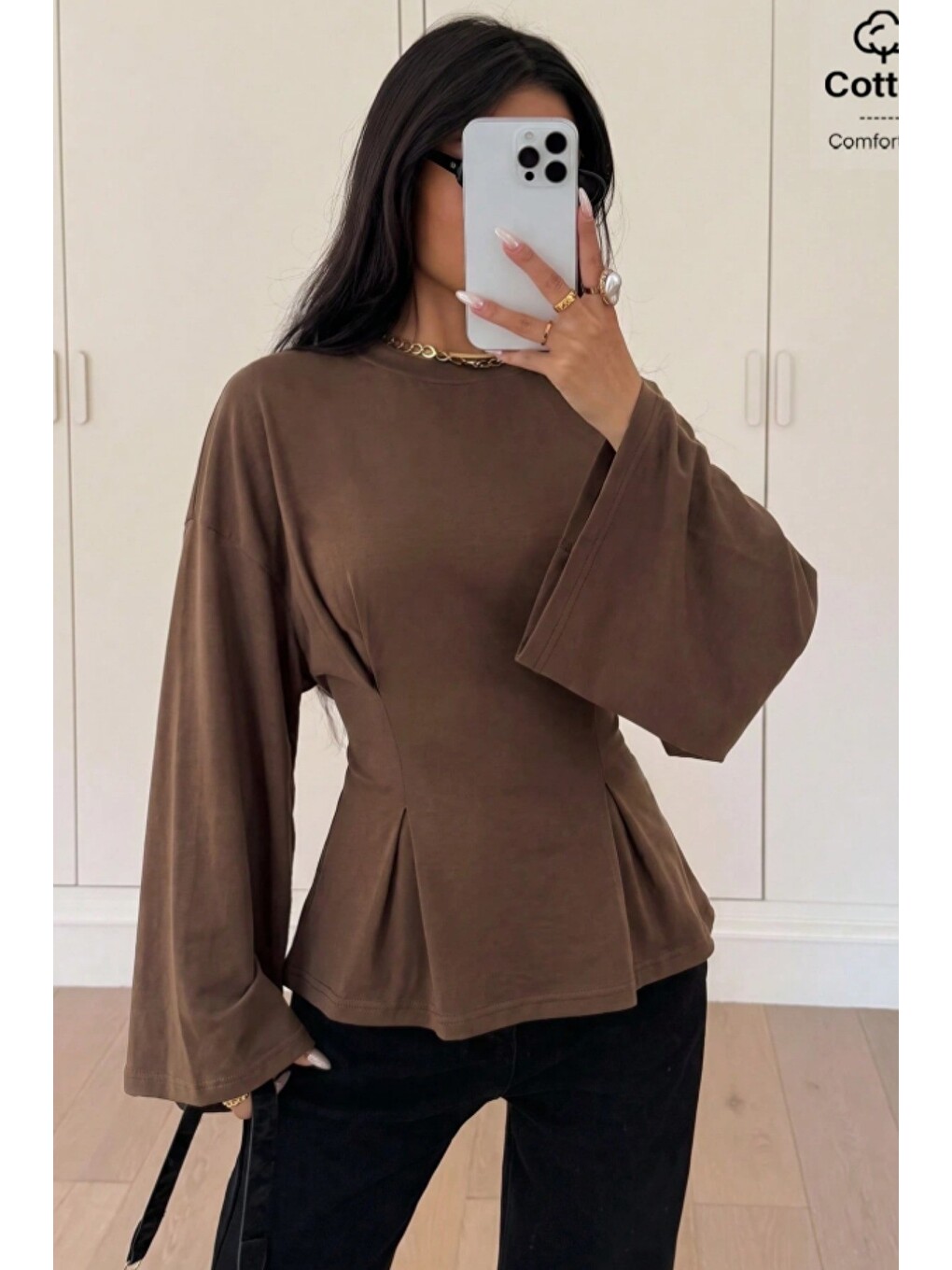 Kahverengi Kadın Pilet Bel Oturtmalı Peplum Detaylı Uzun Kollu Bluz-1