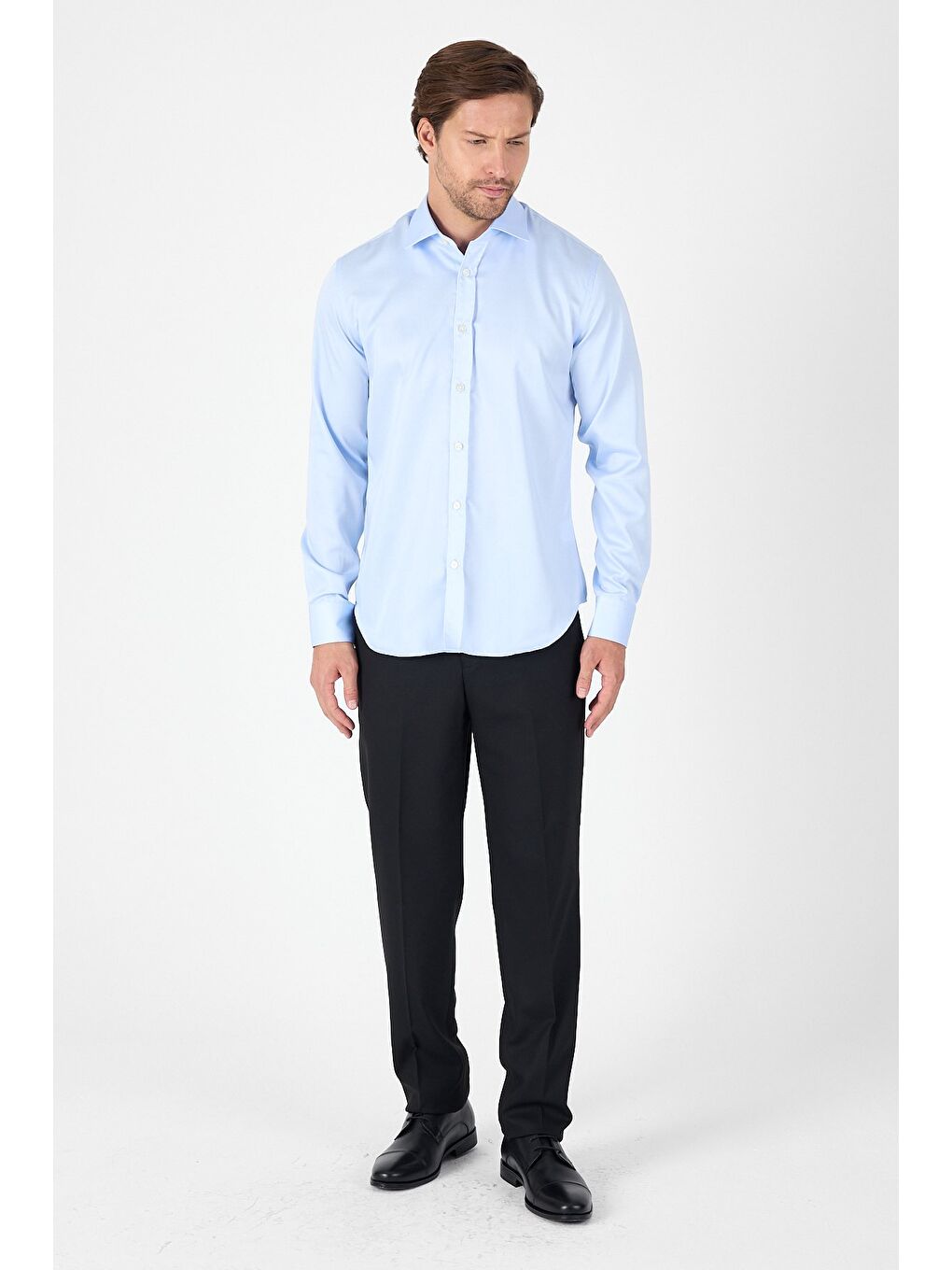 Koyu Mavi Uzun Kol İtalyan Yaka Cepsiz Non Iron Slim Fit %100 Pamuk Gömlek 1004250269-3