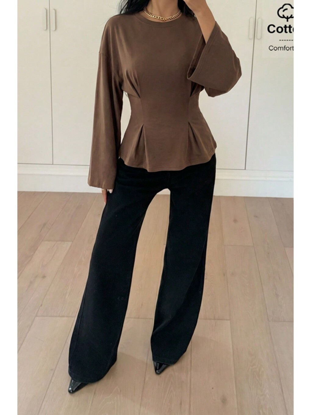 Kahverengi Kadın Pilet Bel Oturtmalı Peplum Detaylı Uzun Kollu Bluz-2