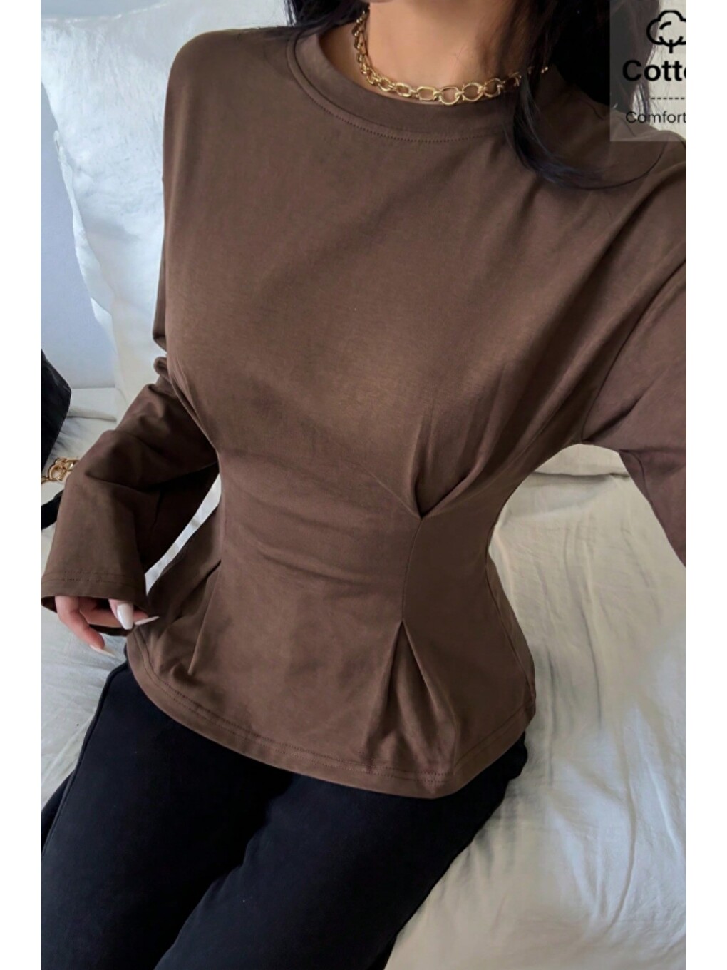 Kahverengi Kadın Pilet Bel Oturtmalı Peplum Detaylı Uzun Kollu Bluz-3