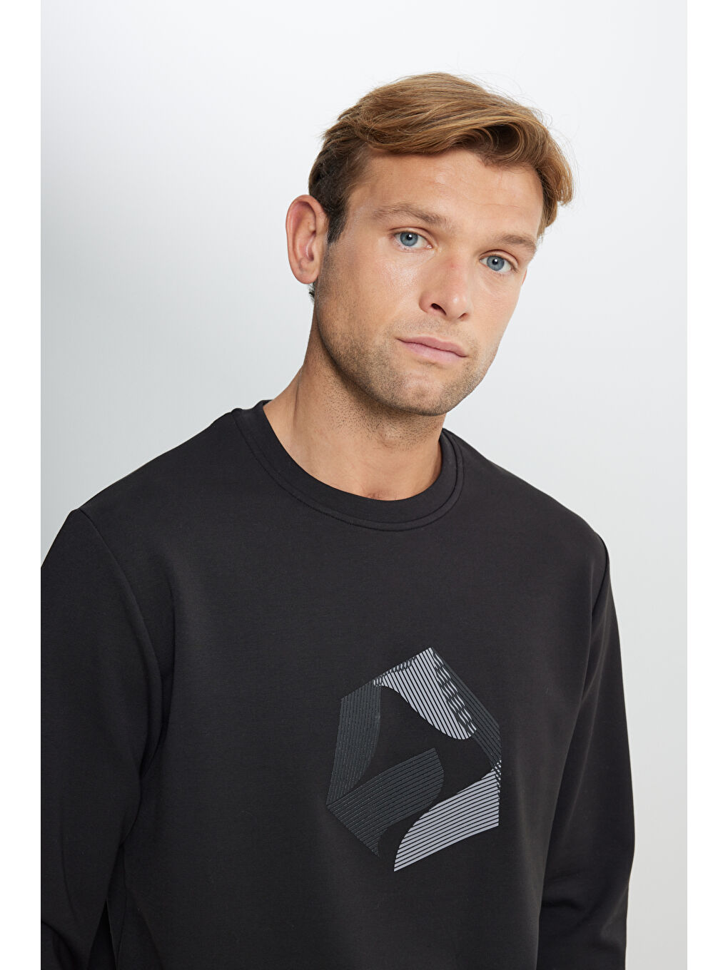 Erkek Siyah Pamuklu Standart Fit Normal Kesim Bisiklet Yaka Baskılı Sweatshirt-4