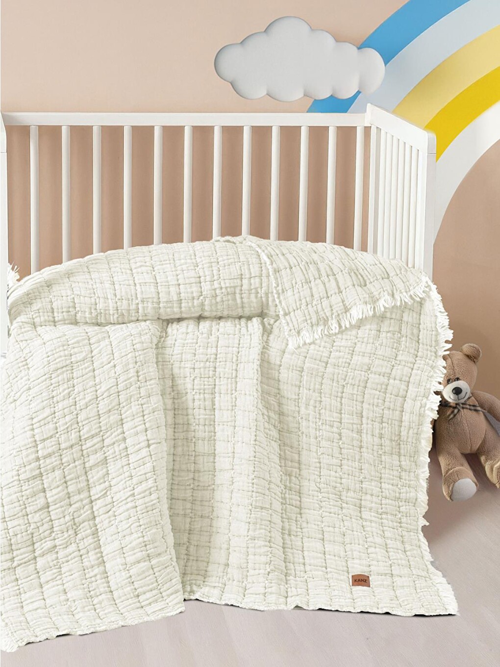 Ekru Light Dolgulu Müslin Çift Kat Bebek Yorganı 115x125 Cm - Bej