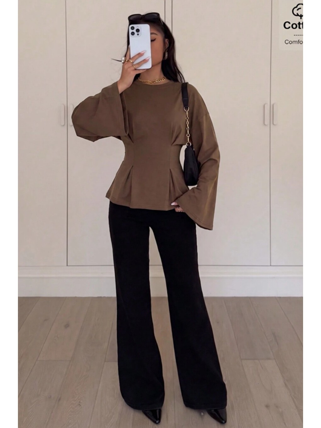 Kahverengi Kadın Pilet Bel Oturtmalı Peplum Detaylı Uzun Kollu Bluz-4