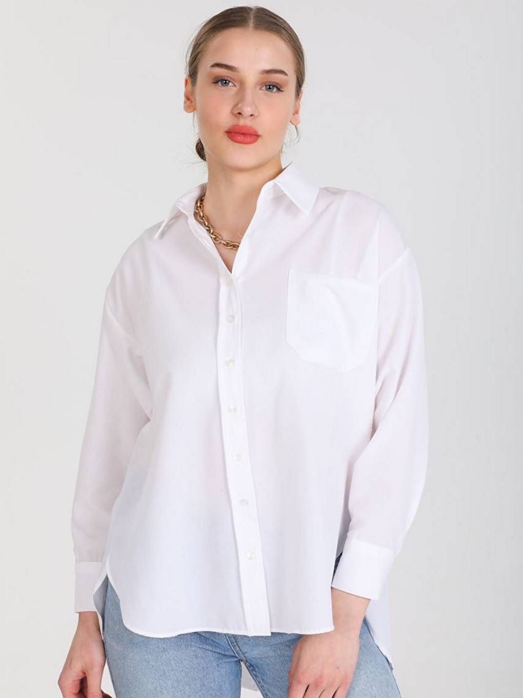 Beyaz Oversize Arkası Uzun Önü Kısa Poplin Gömlek-3