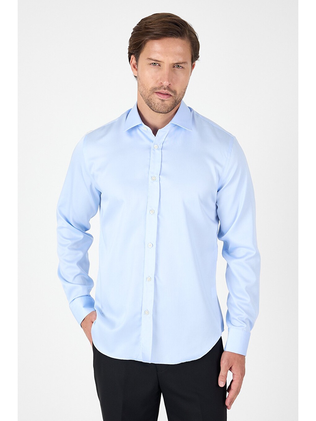 Koyu Mavi Uzun Kol İtalyan Yaka Cepsiz Non Iron Slim Fit %100 Pamuk Gömlek 1004250269-4