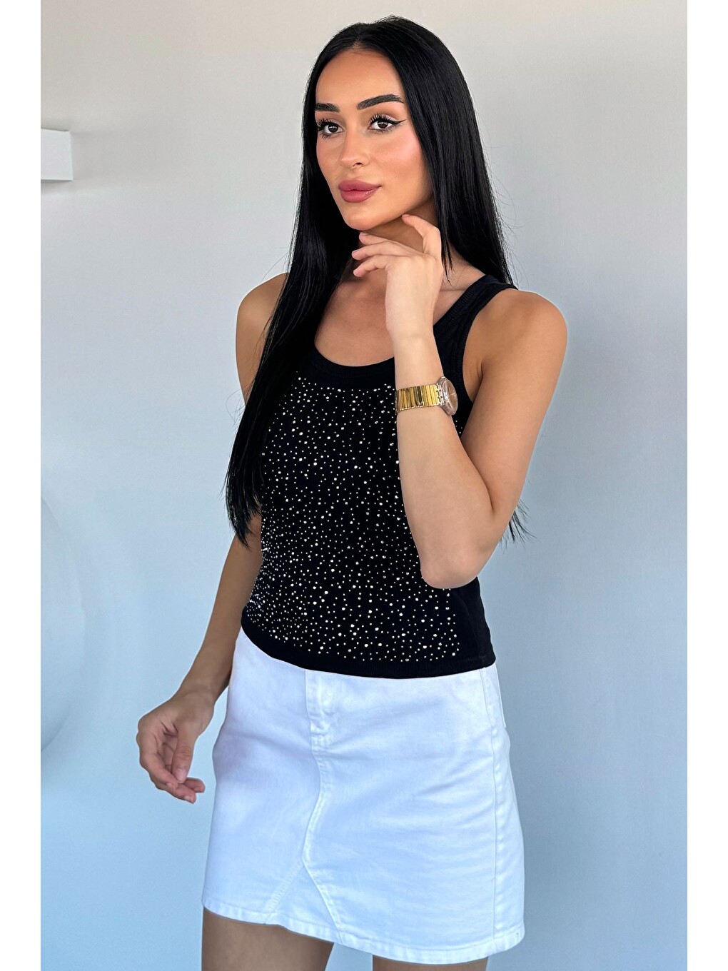 Siyah Ön Taşlı Kaşkorse Bluz-1