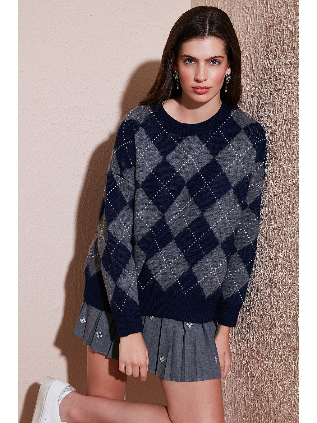 Lacivert Oversize Fit Bisiklet Yaka Baklava Desenli Kazak 4615579