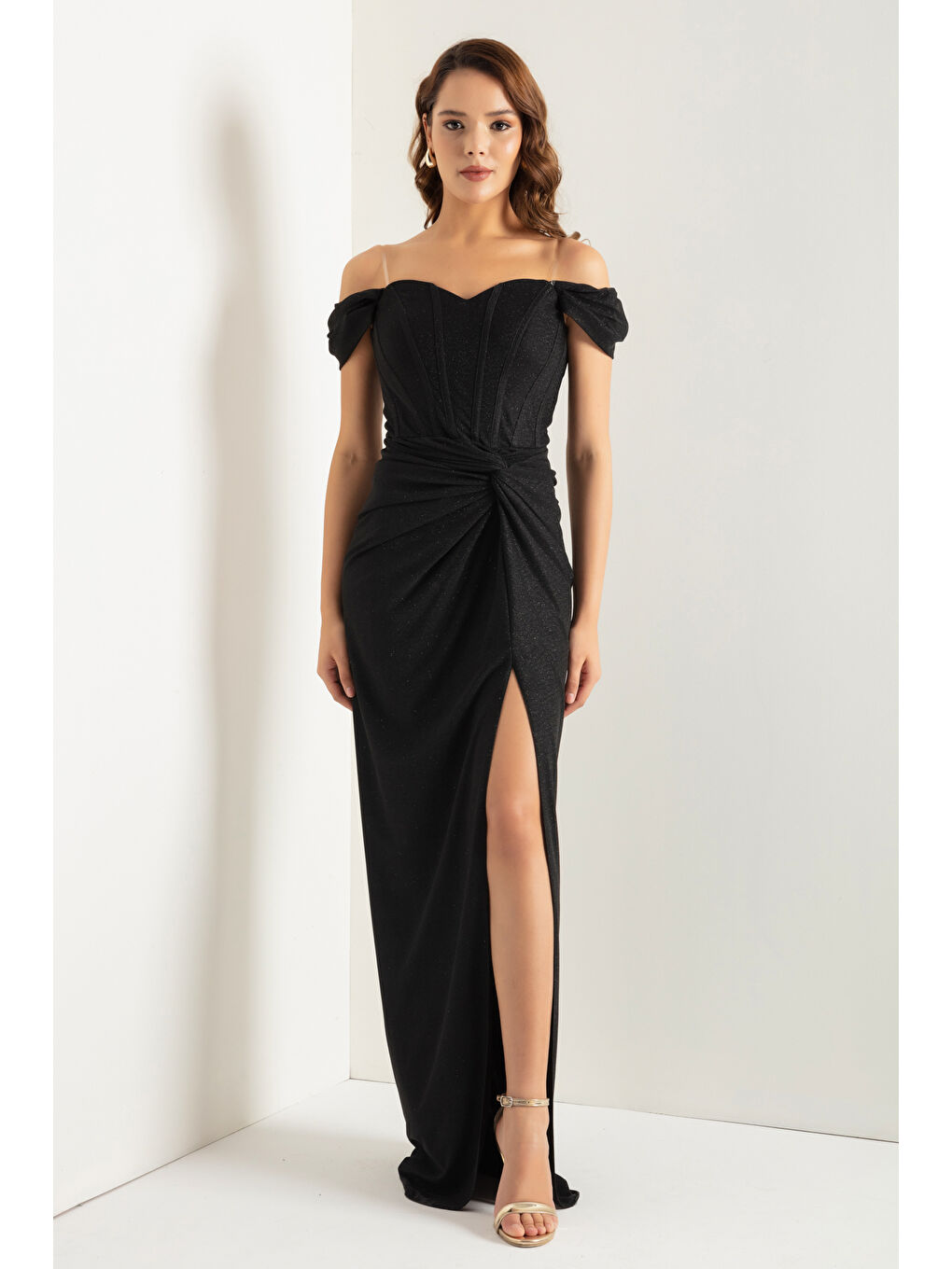 Kadın Siyah Kruvaze Astarlı Korse Detaylı Uzun Simli Abiye-2