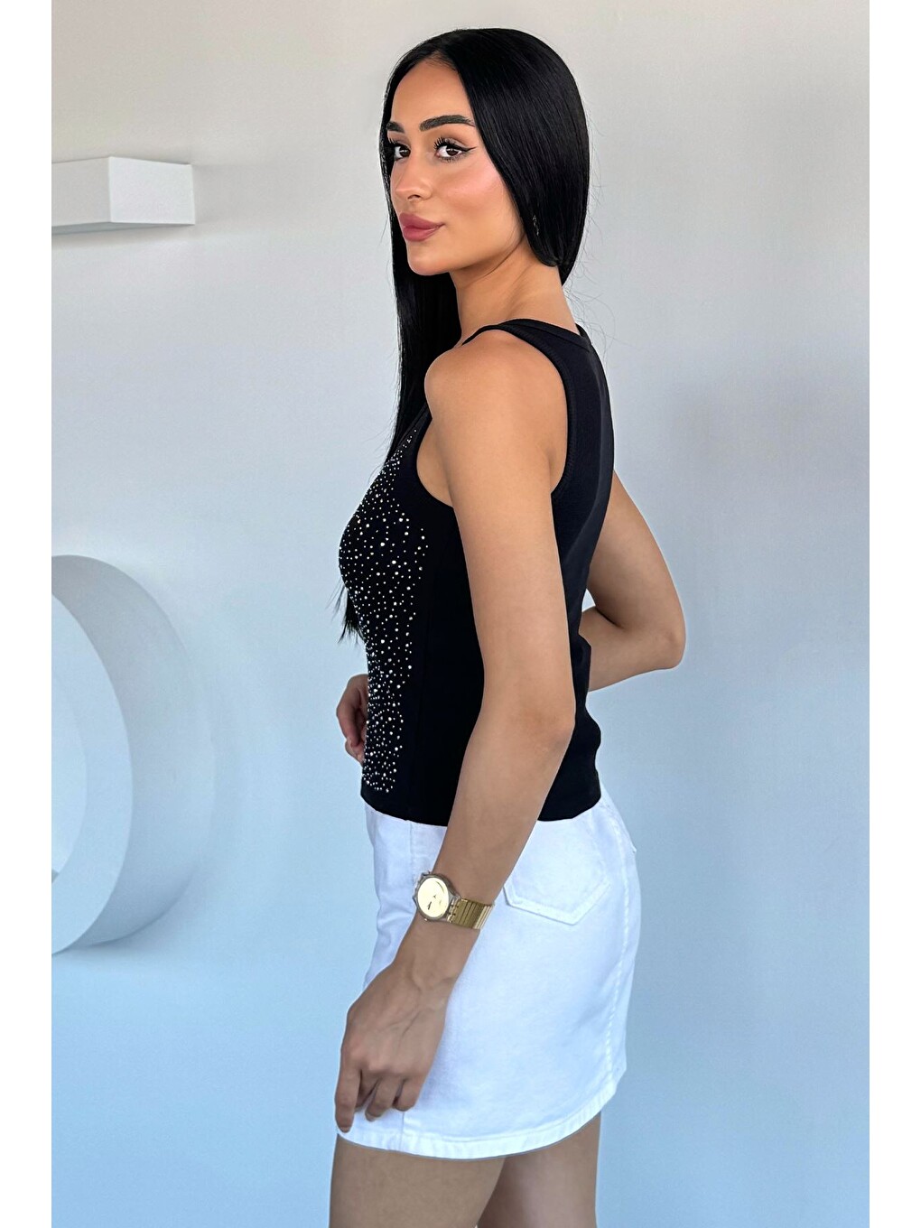 Siyah Ön Taşlı Kaşkorse Bluz-3