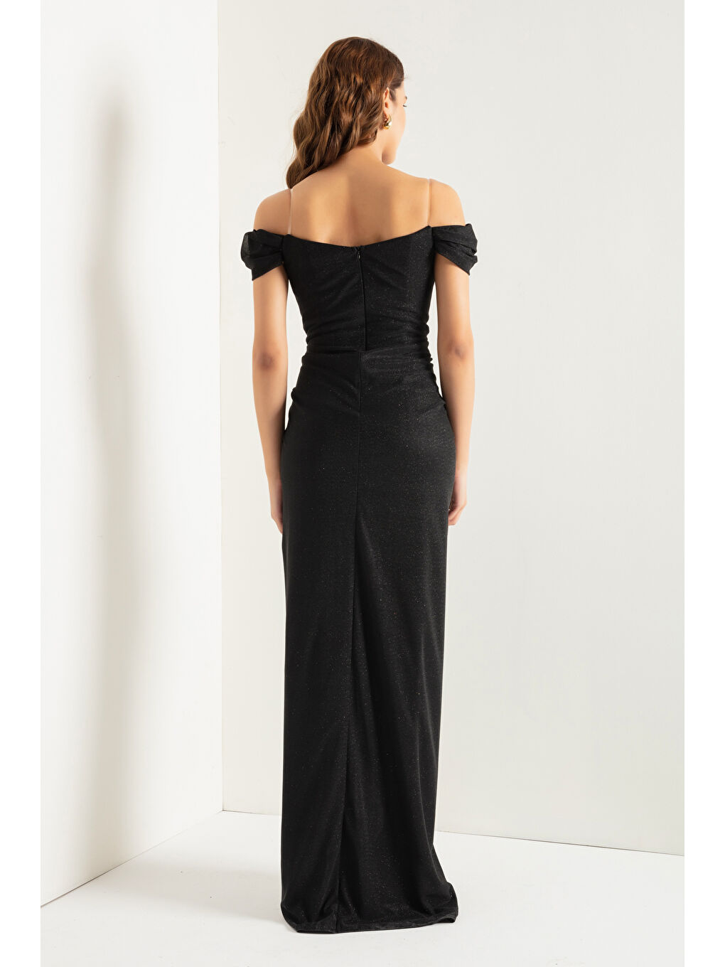 Kadın Siyah Kruvaze Astarlı Korse Detaylı Uzun Simli Abiye-4