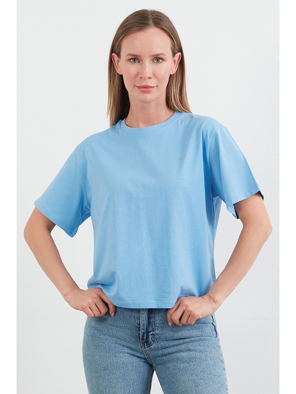 Mavi Taş Baskılı Oversize Tişört