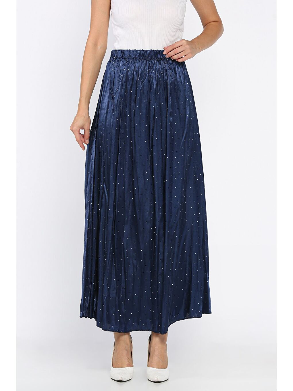 Lacivert Bel Lastikli Taşlı Etek