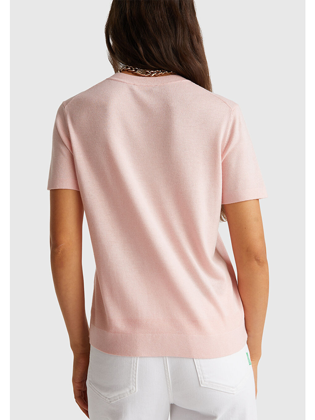 Kadın Toz Pembe İpek Karışımlı Yuvarlak Yaka Önü Detaylı Kısa Kollu Kazak-1