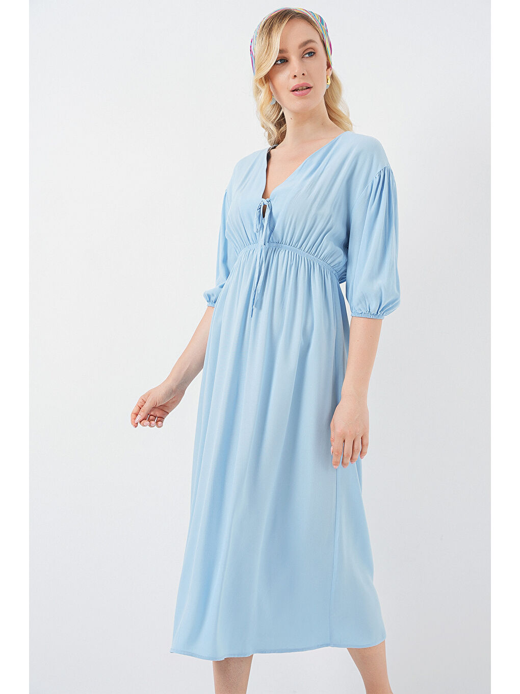 2570 Kadın Beli Büzgülü V Yaka Elbise - Mavi-2
