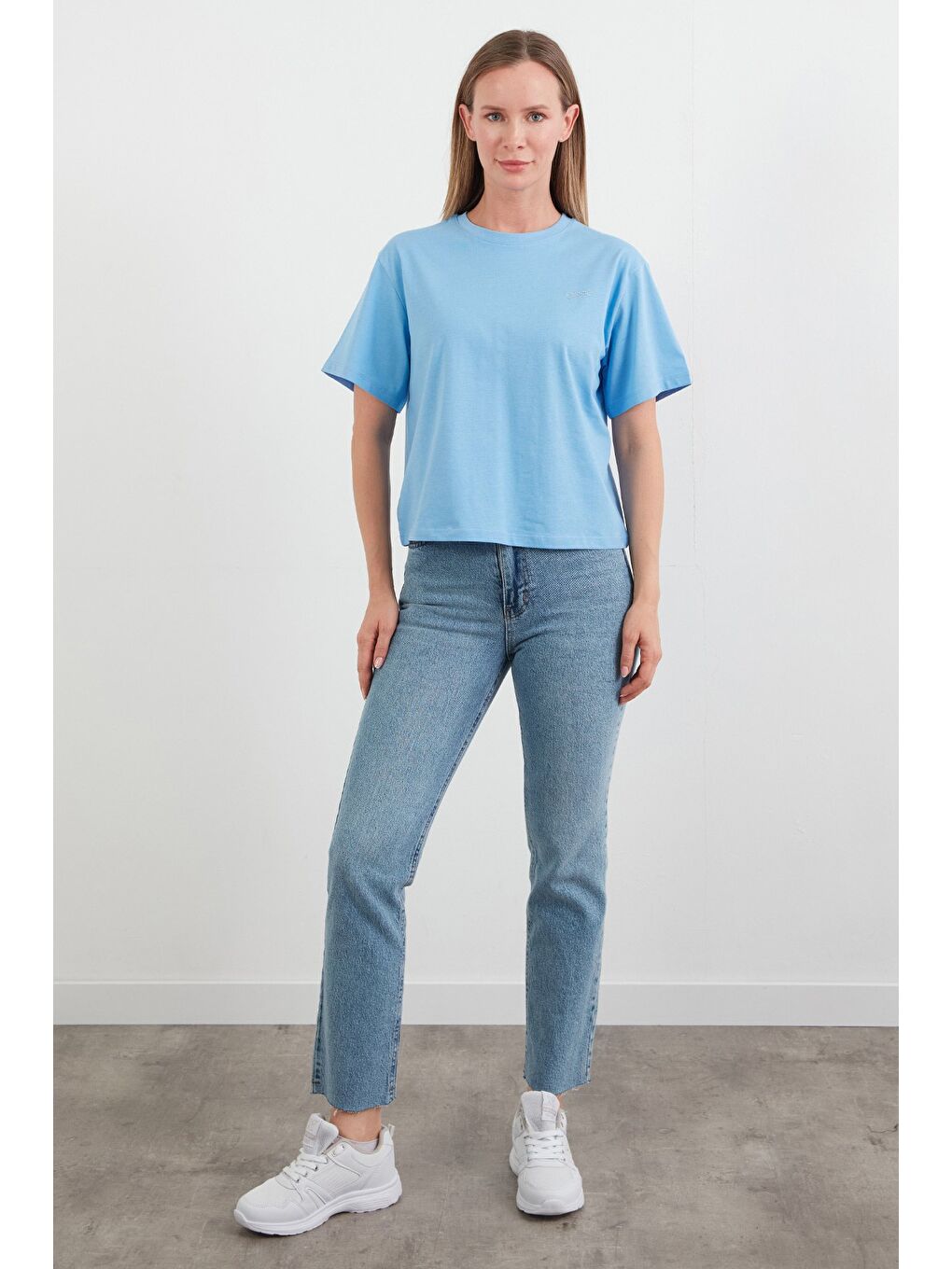 Mavi Taş Baskılı Oversize Tişört-1