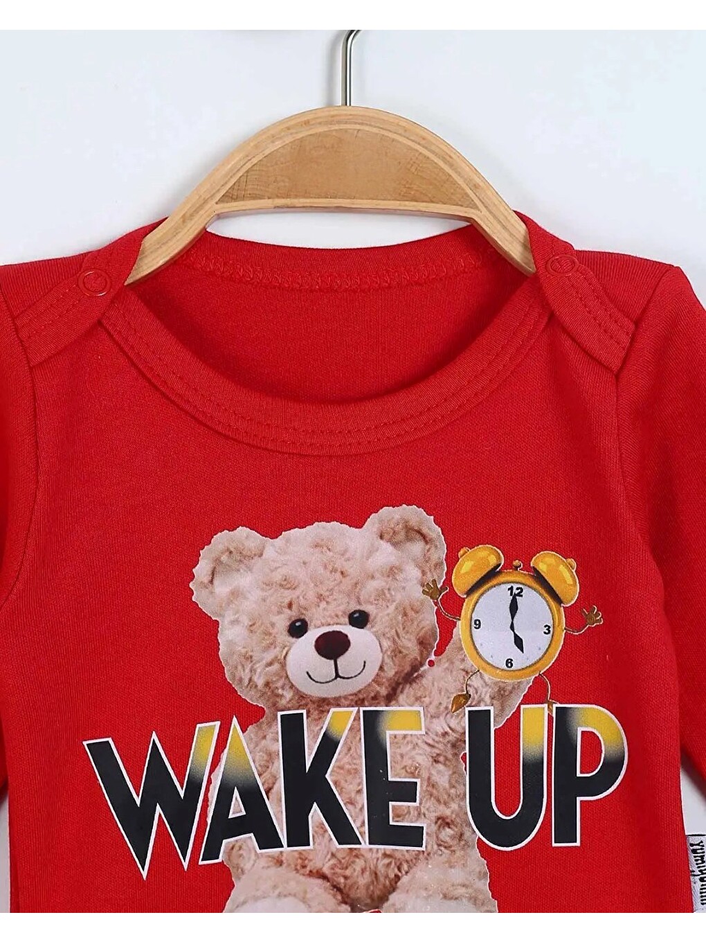 Kırmızı Uzun Kollu Wake Up Ayıcık Baskılı %100 Pamuk Çıtçıtlı Body-1