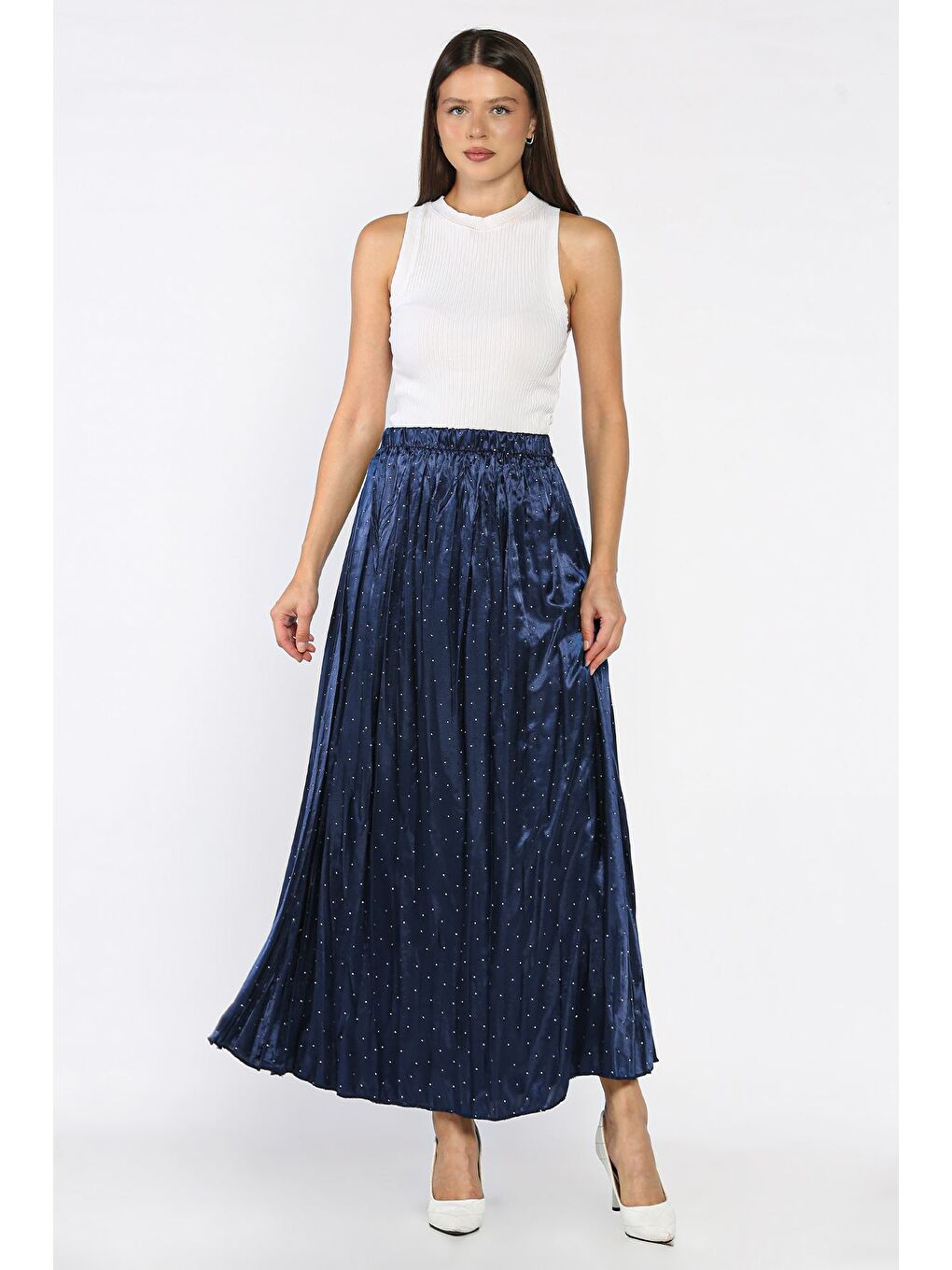 Lacivert Bel Lastikli Taşlı Etek-1