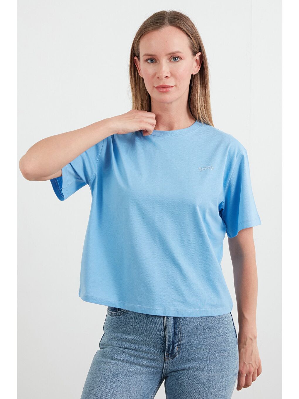 Mavi Taş Baskılı Oversize Tişört-2