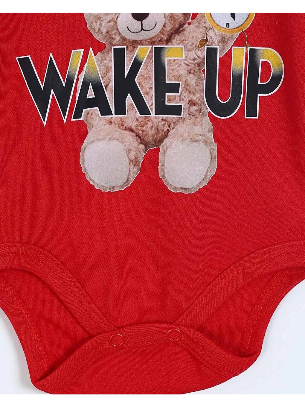 Kırmızı Uzun Kollu Wake Up Ayıcık Baskılı %100 Pamuk Çıtçıtlı Body-2