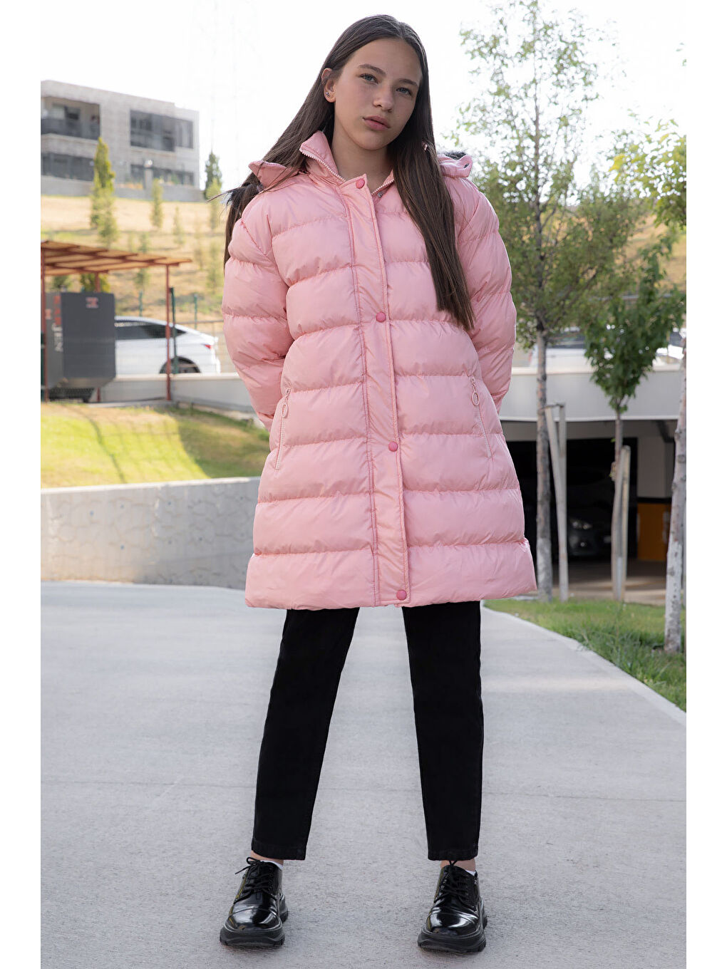 Pembe Somon İçi Kürklü Çıtçıtlı Kapüşonlu Kız Çocuk Şişme Mont 21320