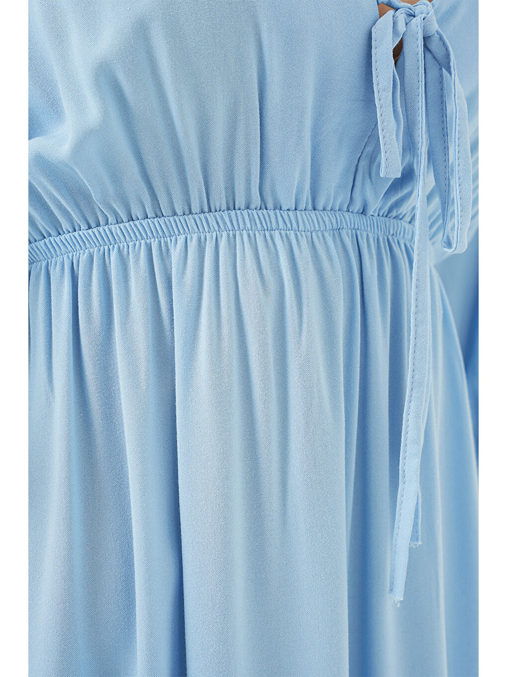 2570 Kadın Beli Büzgülü V Yaka Elbise - Mavi-4