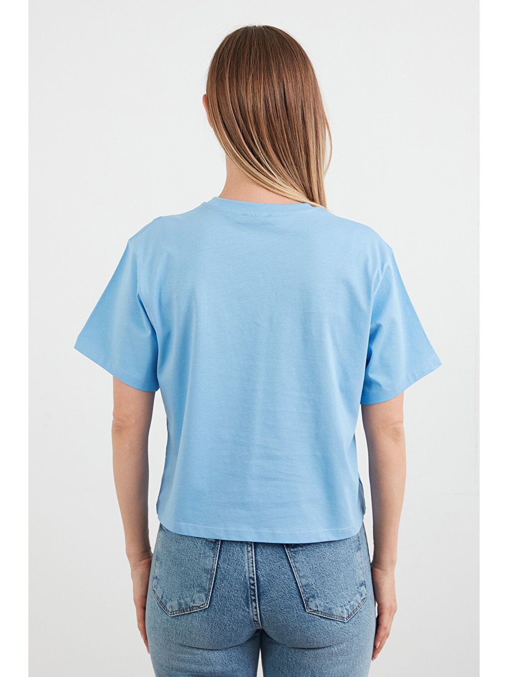 Mavi Taş Baskılı Oversize Tişört-3