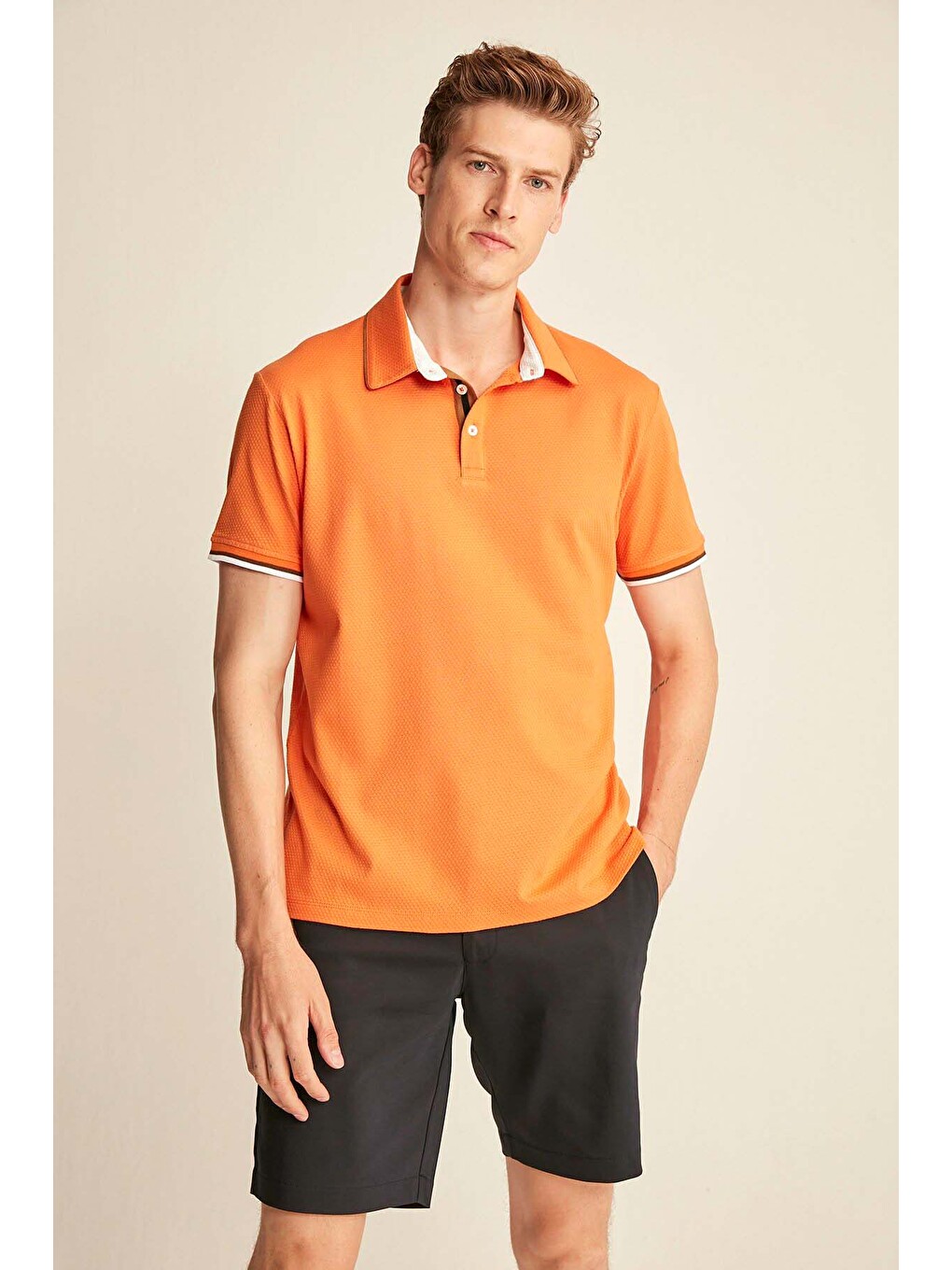Erkek Slim Fit Turuncu Polo Yaka Tişört