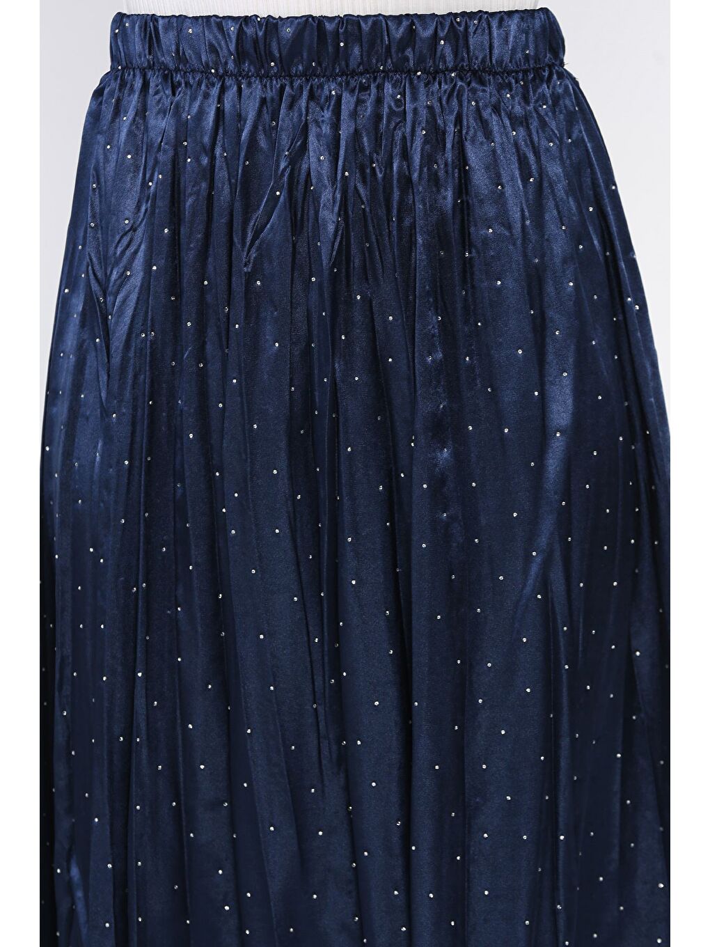 Lacivert Bel Lastikli Taşlı Etek-3