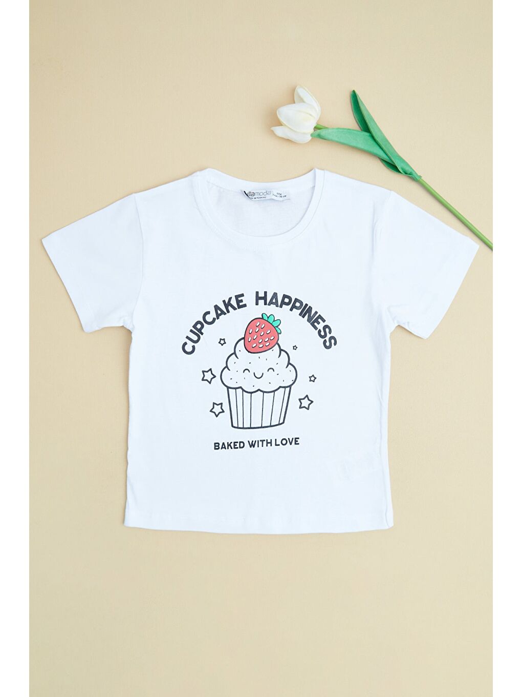 Beyaz Cupcake Happıness Baskılı Kız Çocuk Tişört