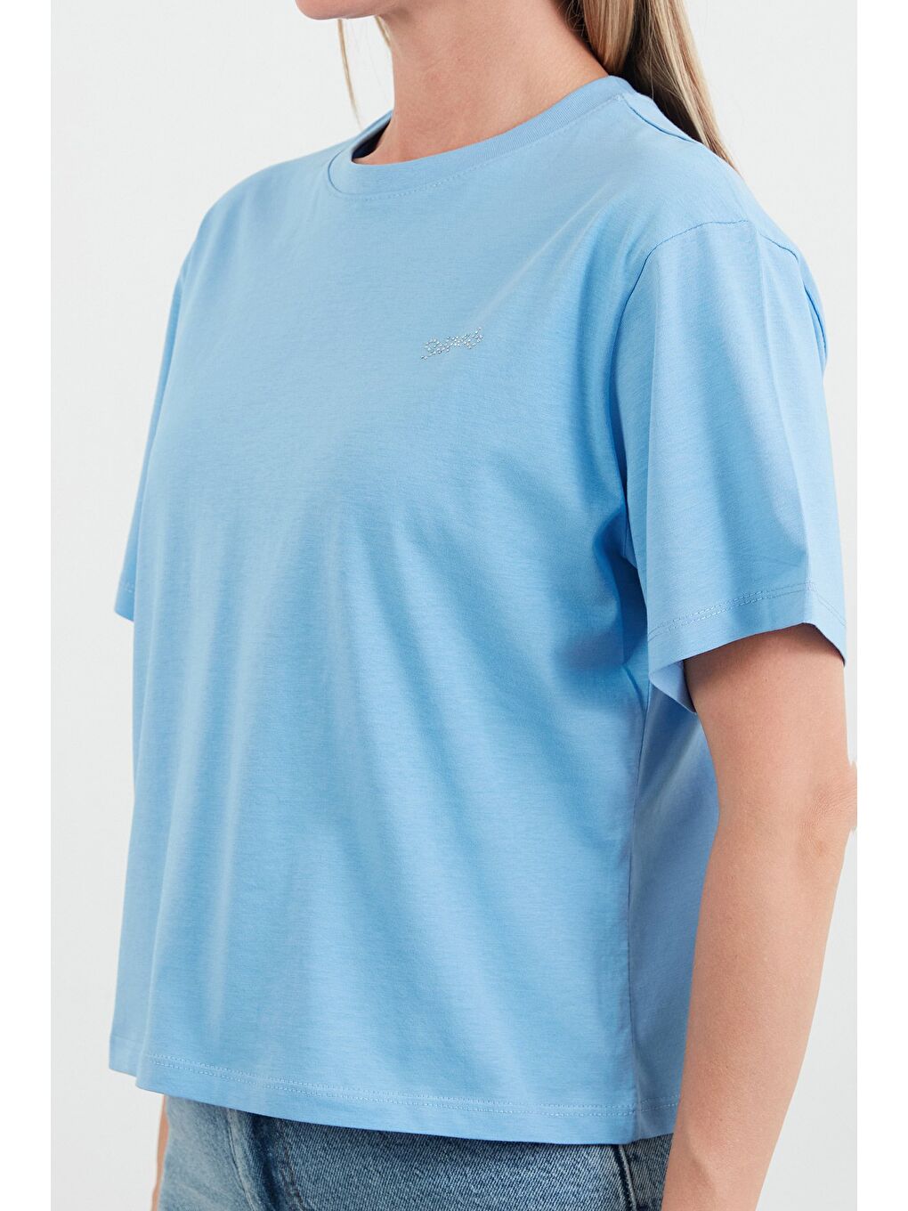 Mavi Taş Baskılı Oversize Tişört-4