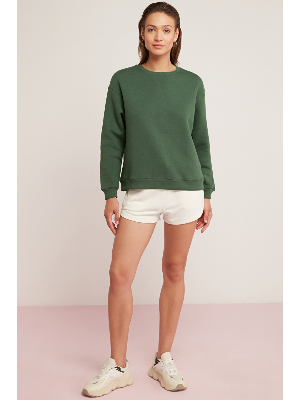 Alfreda Kadın Pamuklu Içi Polarlı Yumuşacık Yuvarlak Yaka Comfort Fit Basıc Yeşil Sweatshirt-1