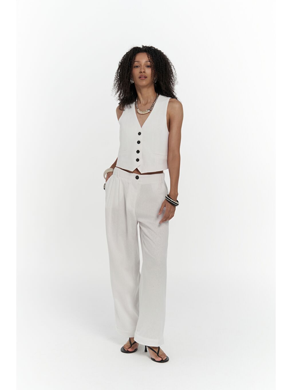Anka Keten Beyaz Yelek Pantolon Takım