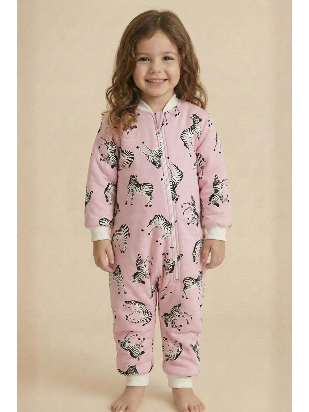 Unisex Çocuk Elyaf Dolgulu Uyku Tulumu - Pembe Zebra Desenli