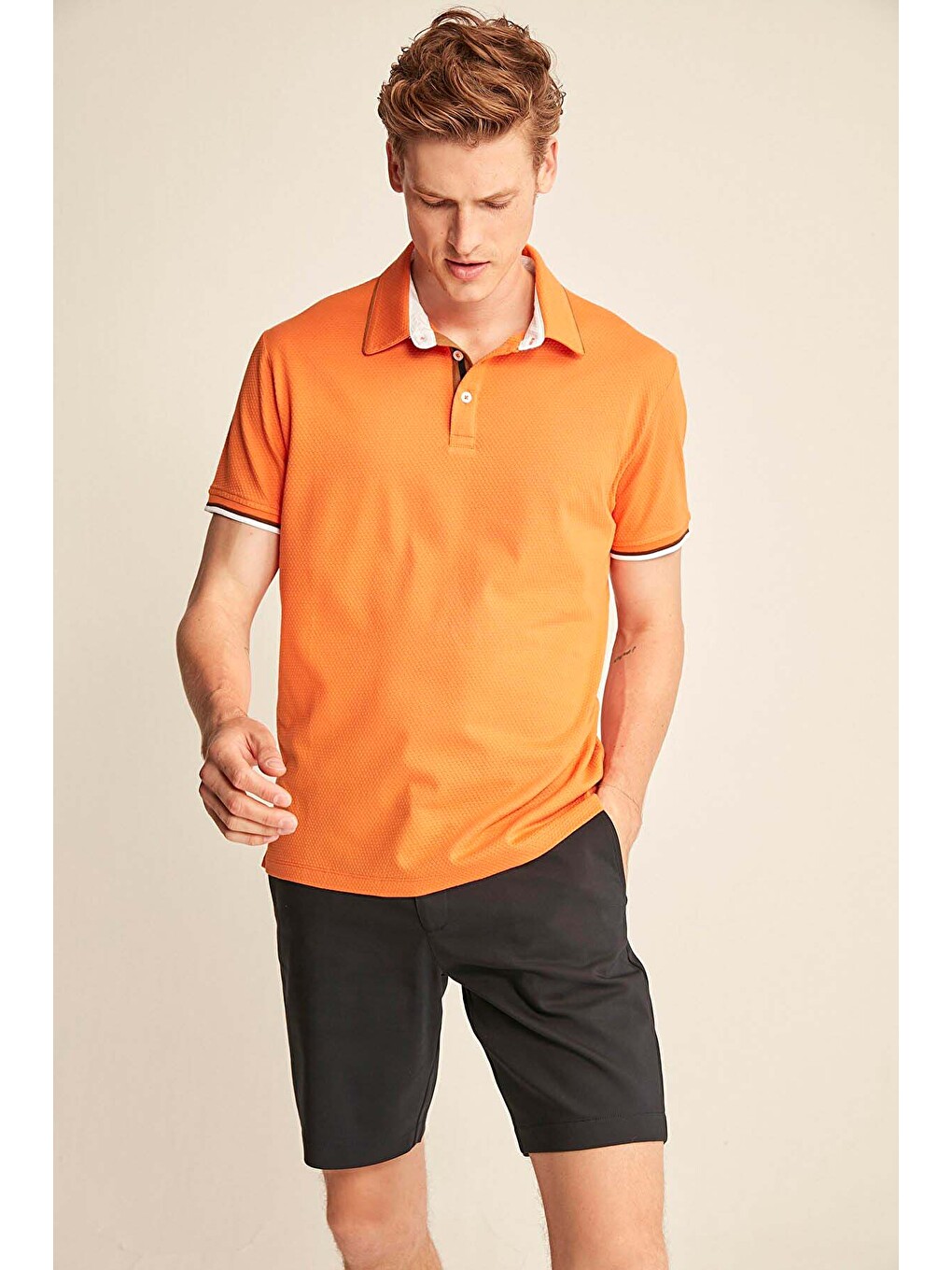 Erkek Slim Fit Turuncu Polo Yaka Tişört-2