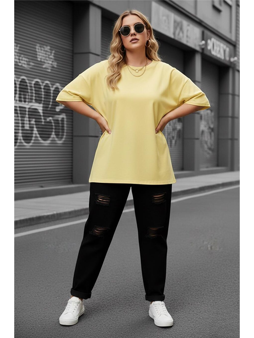 Sarı Mily Kadın Büyük Beden Battal Basic Bisiklet Yaka Pamuklu T-Shirt Rahat Kesim Unisex Sevgili Kombini-1