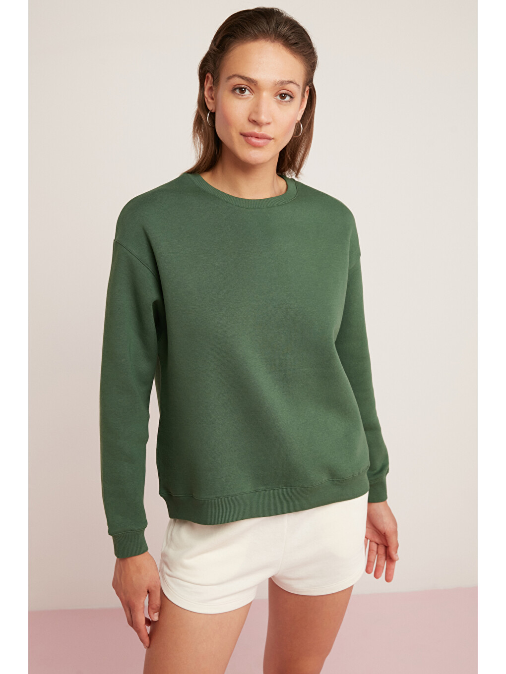 Alfreda Kadın Pamuklu Içi Polarlı Yumuşacık Yuvarlak Yaka Comfort Fit Basıc Yeşil Sweatshirt-2