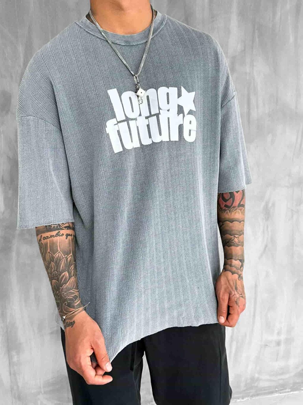 Erkek Yıkamalı Ribana Kumaş Oversize Tişört Gri