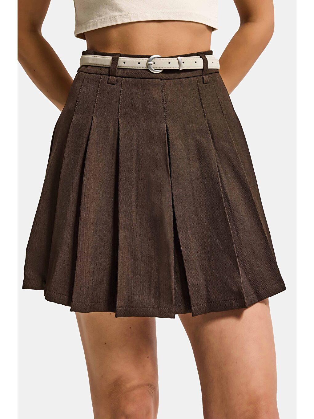 Kahverengi Kadın Kahve w5 Kemerli Pileli Organik Pamuk Kumaş İçi Şortlu Mini Etek