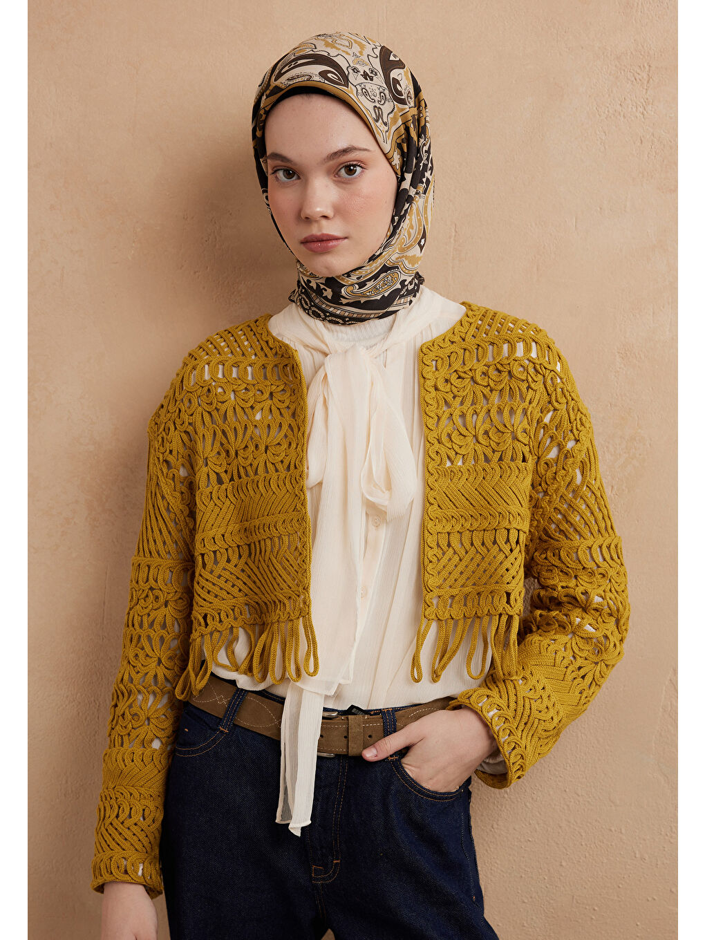 Sarı Lena Desen Pamuk İpek Eşarp Tereyağı-3