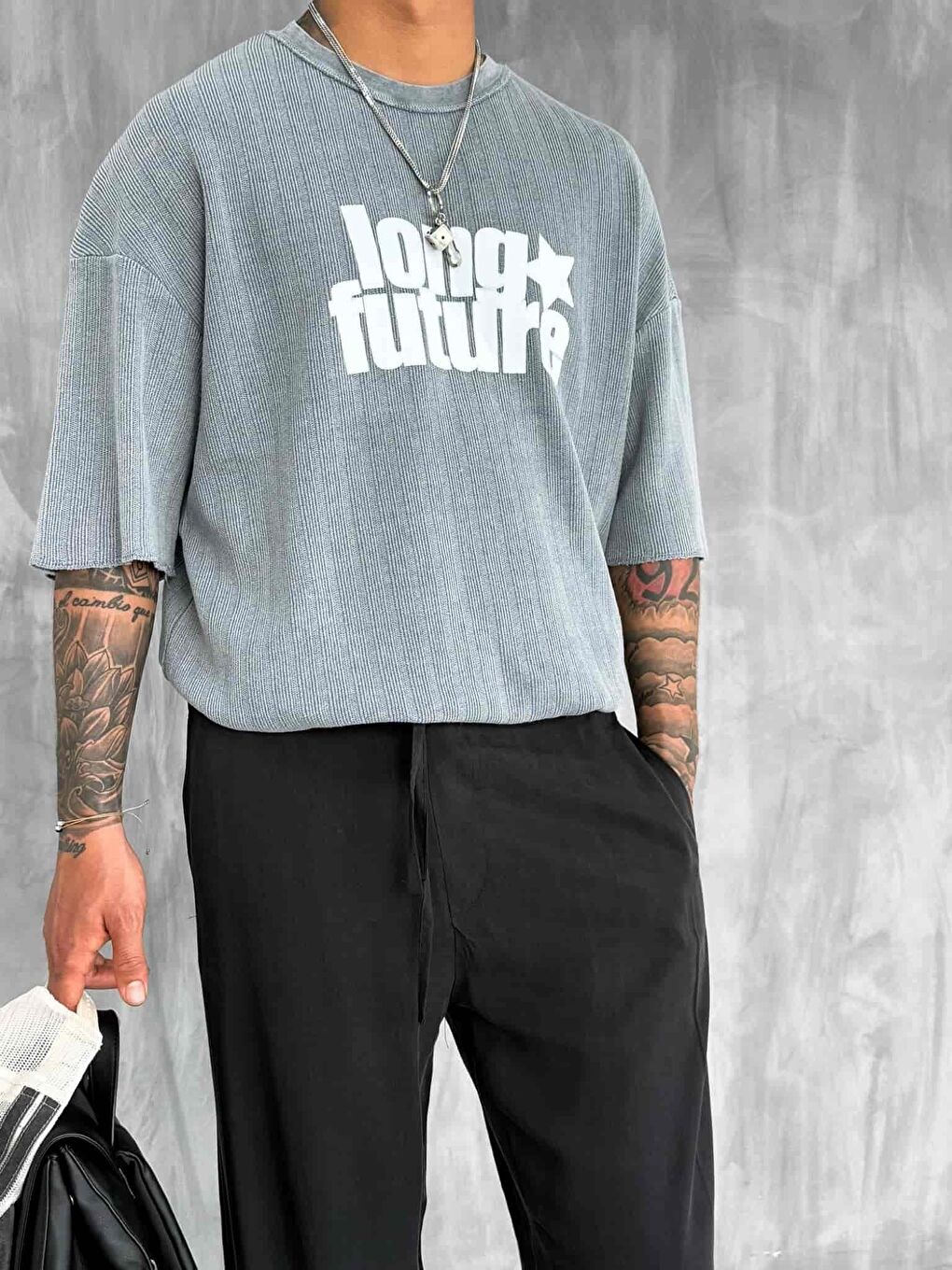 Erkek Yıkamalı Ribana Kumaş Oversize Tişört Gri-1