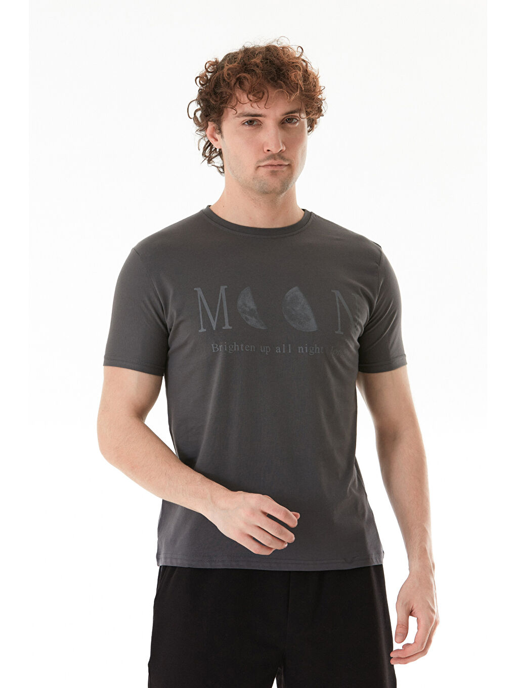 Antrasit Moon Yazı Ve Ay Baskılı Bisiklet Yaka Tişört